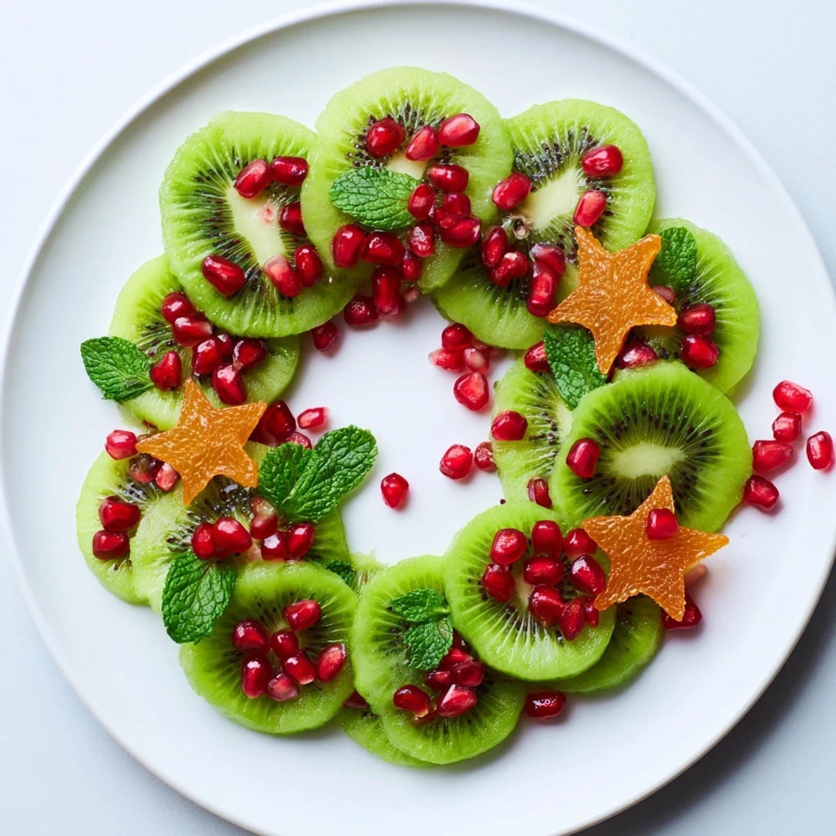 Vibrant Kiwi and Pomegranate Christmas Wreath showcases jewel-toned fruit perfect for a holiday appetizer.