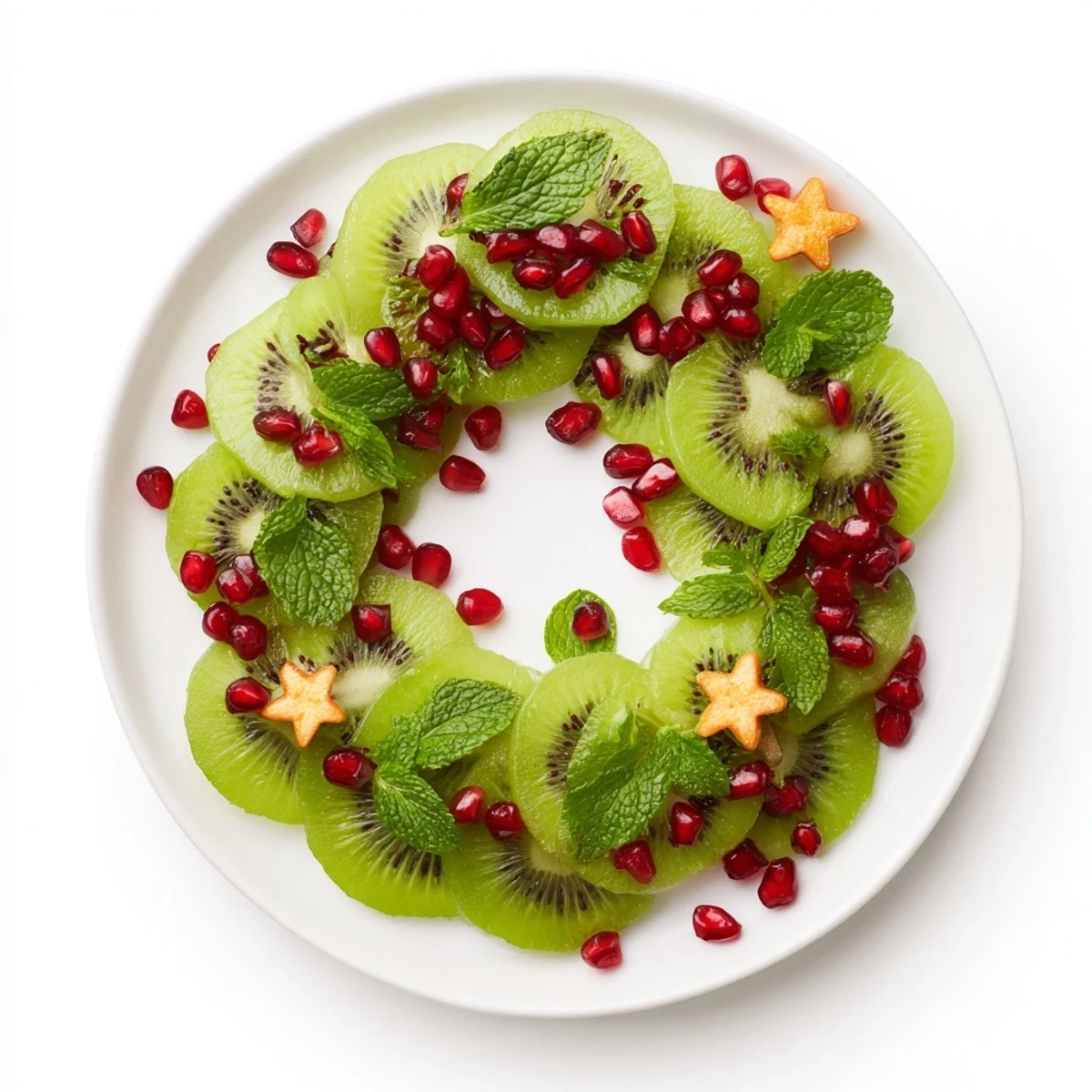 Bright green kiwi slices and ruby pomegranate seeds create a beautiful Christmas wreath fruit plate bursting with flavor.