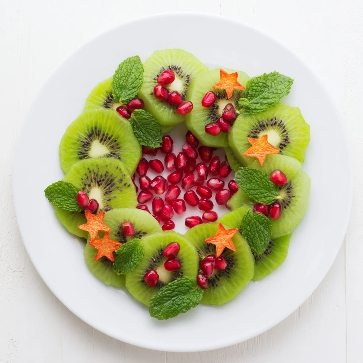 Freshly assembled Kiwi and Pomegranate Christmas Wreath: a visually stunning, healthy, and festive dessert option.