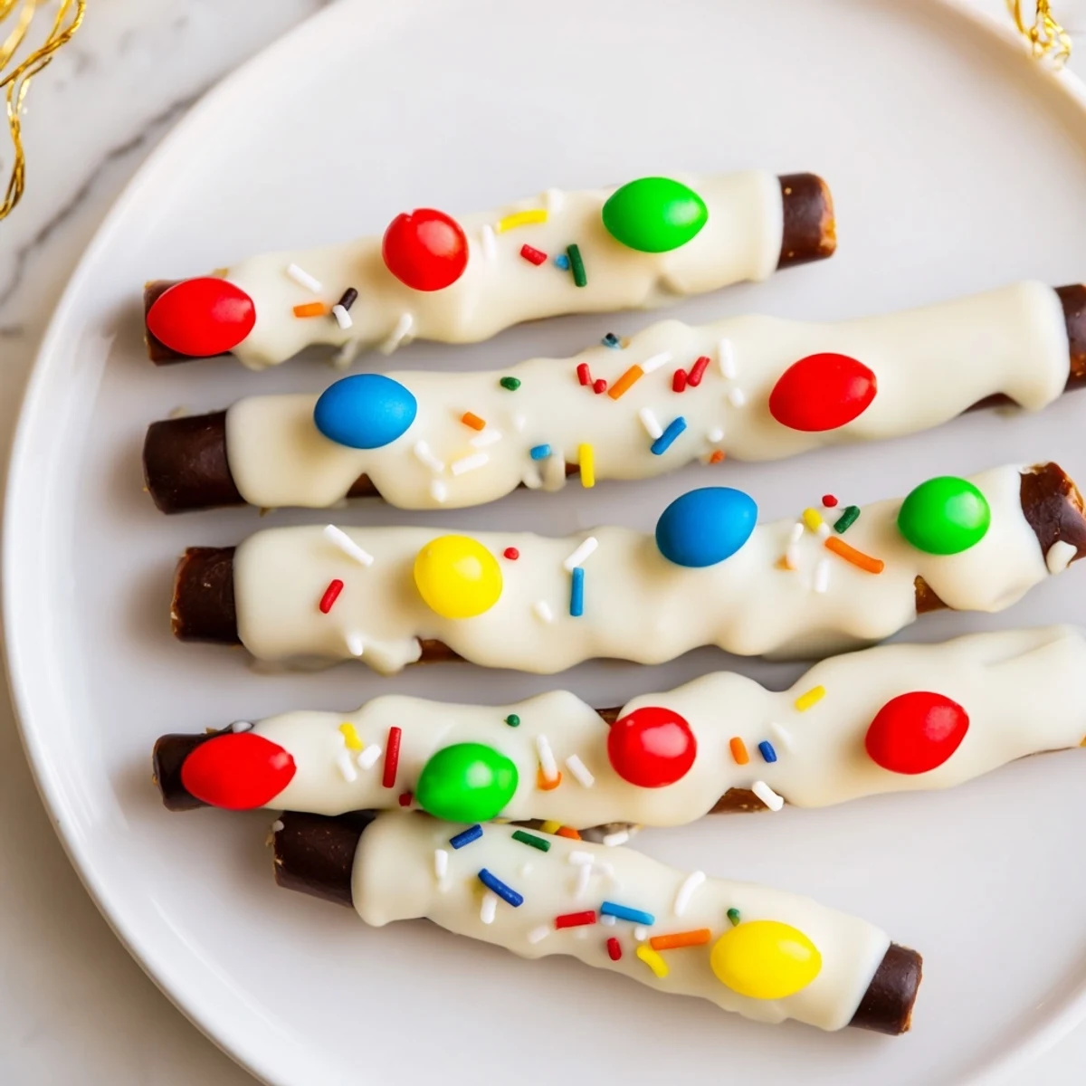 Vibrant No-Bake Pretzel Sticks and Dip Christmas Lights, dipped pretzels decorated like illuminated Christmas tree lights.