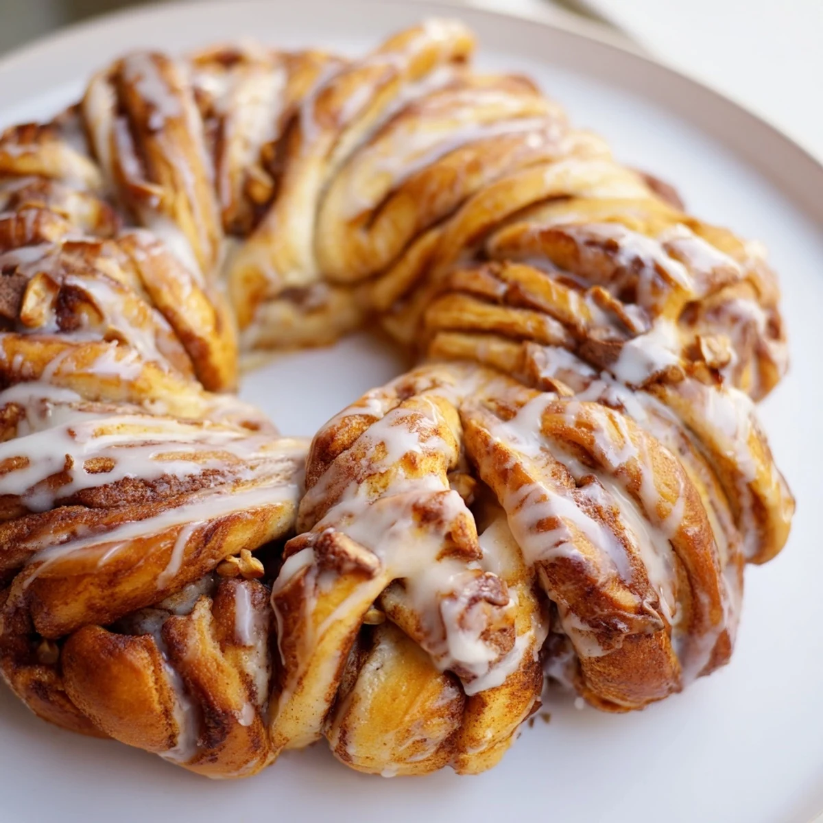 Warm, gooey cinnamon roll pull-apart wreath ring, perfect for sharing and enjoying with coffee.