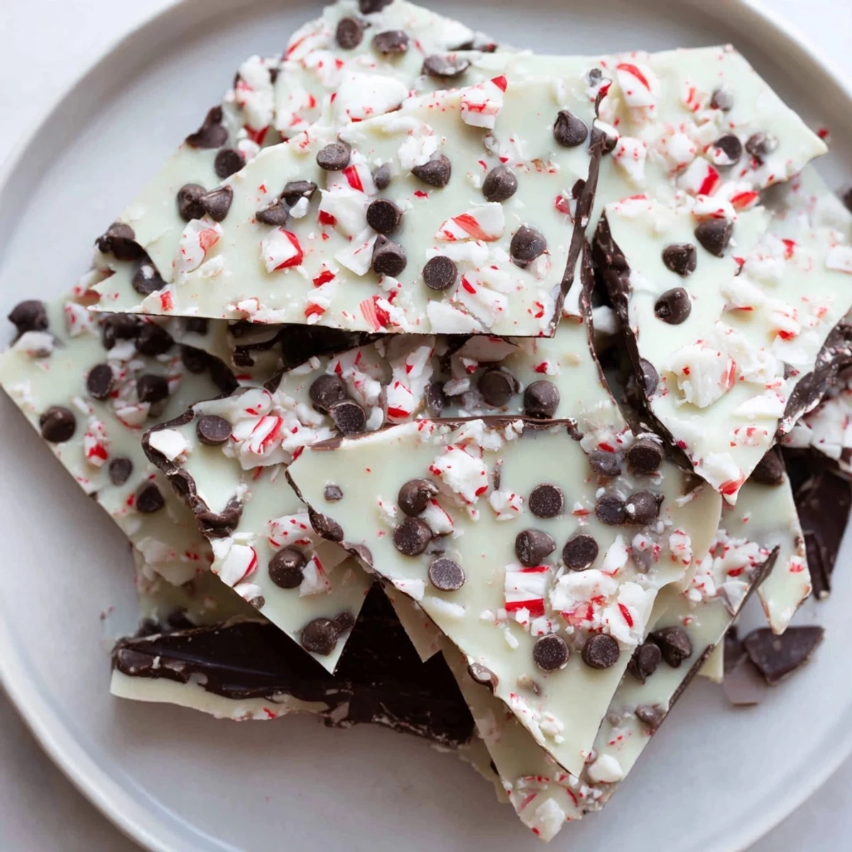 Irregular shards of festive Peppermint Bark scattered on a wooden board ready to share and enjoy.