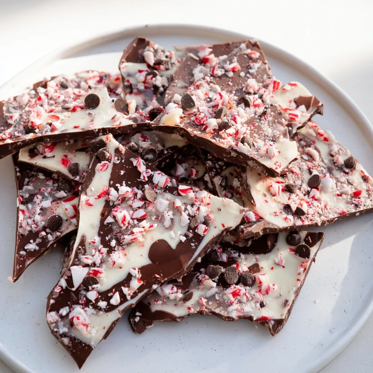 Cool, crisp Peppermint Bark showcasing layers of dark and white chocolate, and crushed peppermint.