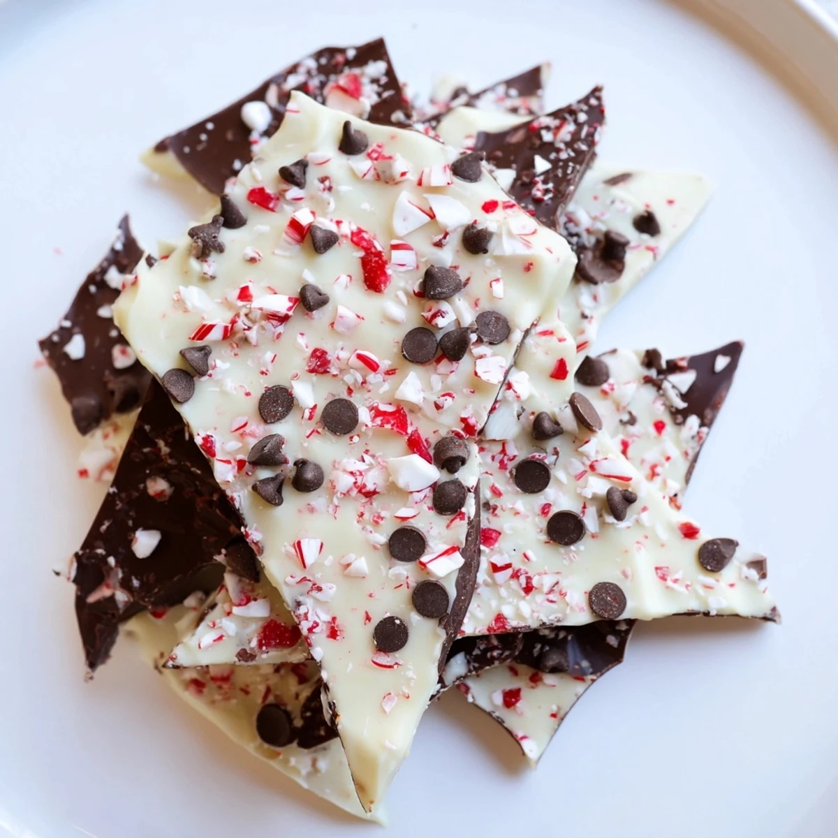 Homemade Peppermint Bark dessert, a delicious combination of chocolate, peppermint, served as shards.