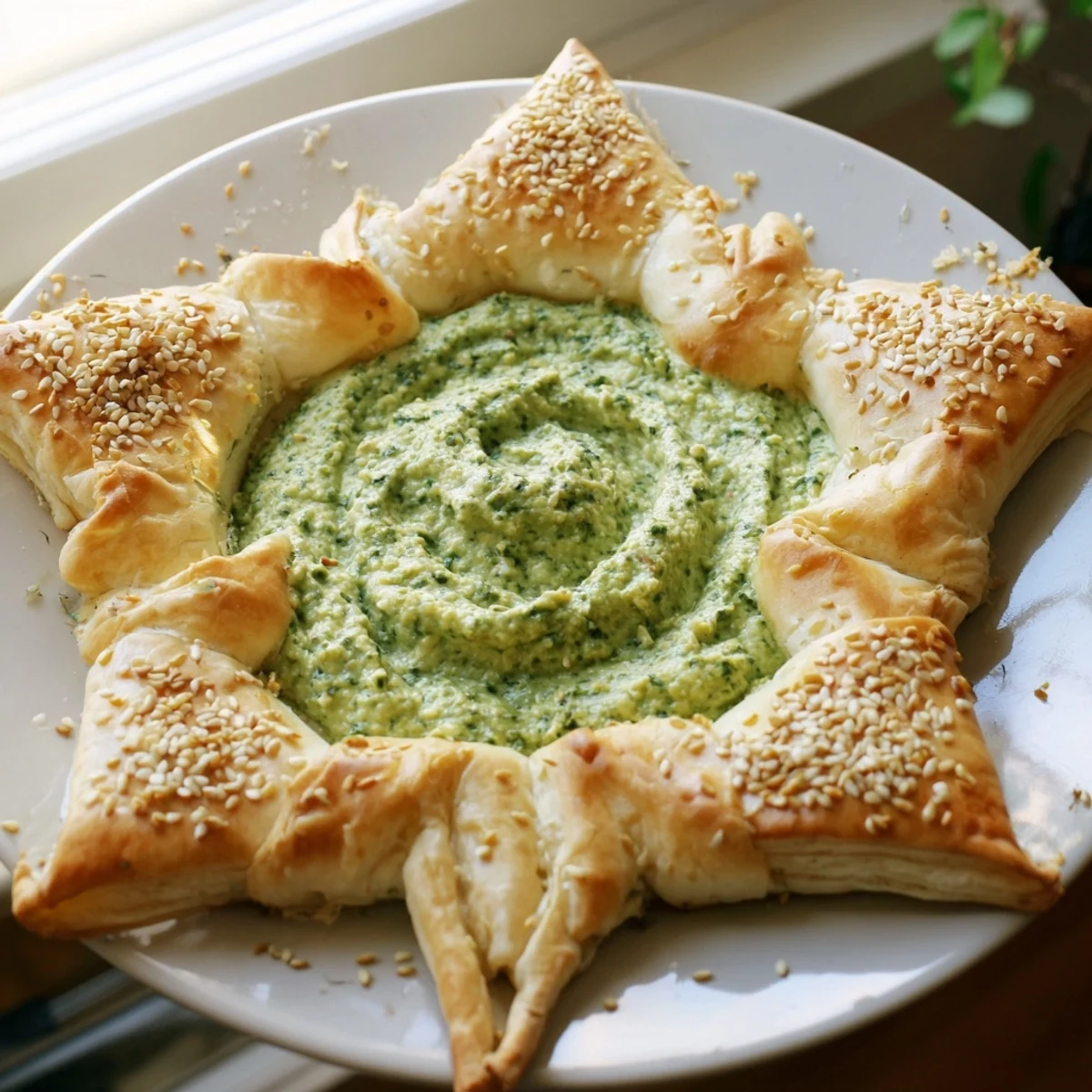 Star-shaped pesto dip surrounded by golden cracker edges, perfect for a party appetizer.