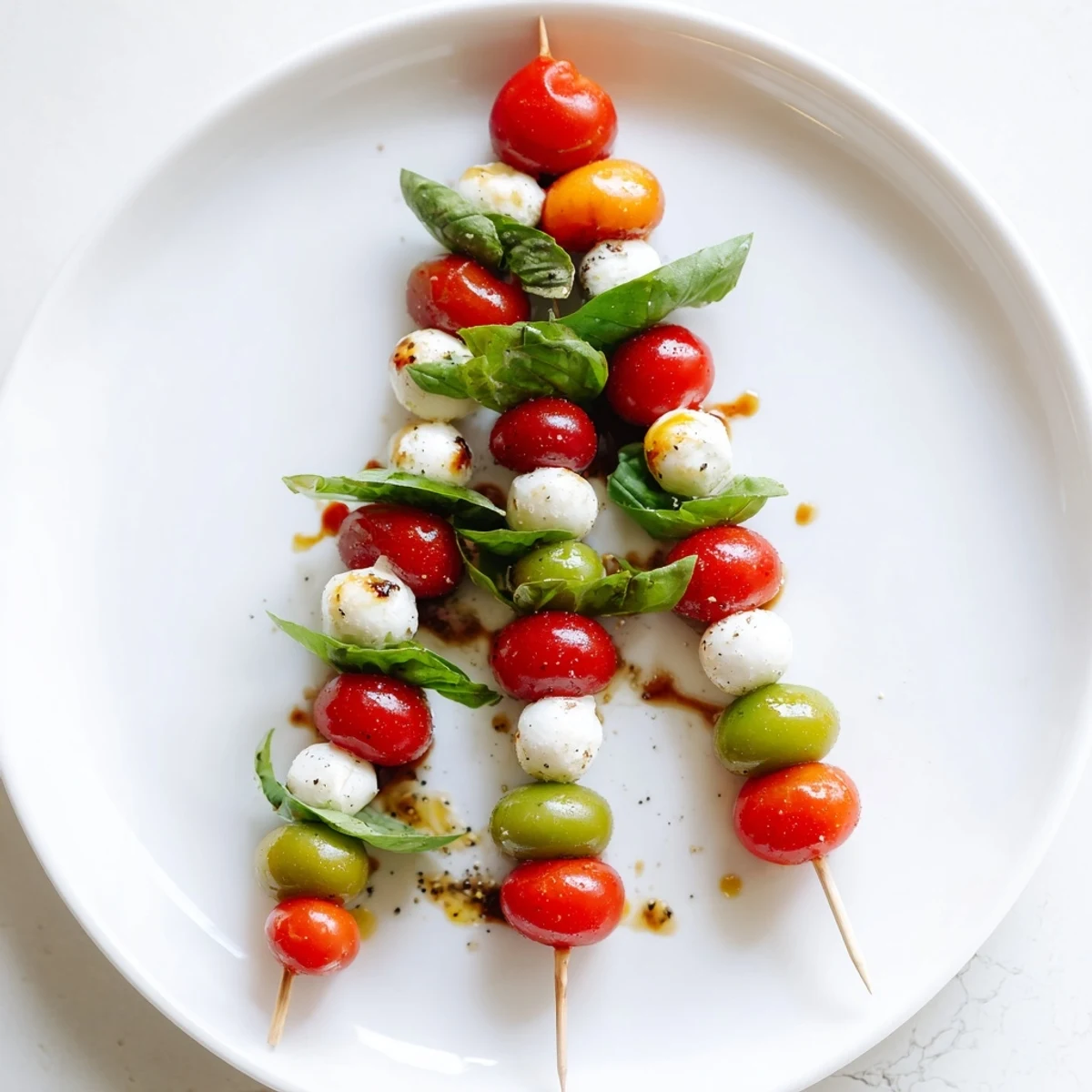 Festive red and green Caprese skewer tree, perfect holiday appetizer, visually stunning and delicious.