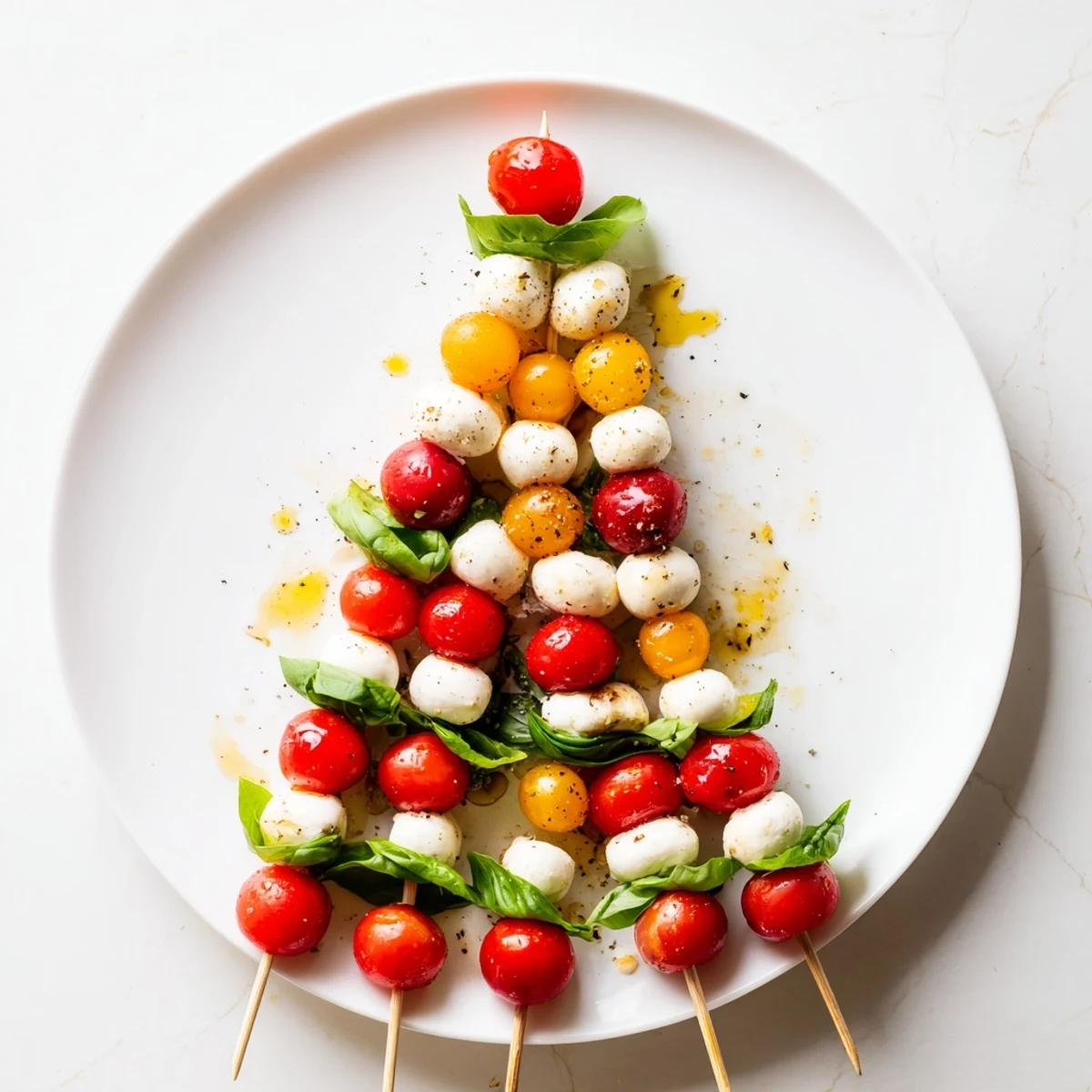 Vibrant image of a Caprese skewer tree: juicy tomatoes, mozzarella, and basil ready to serve.