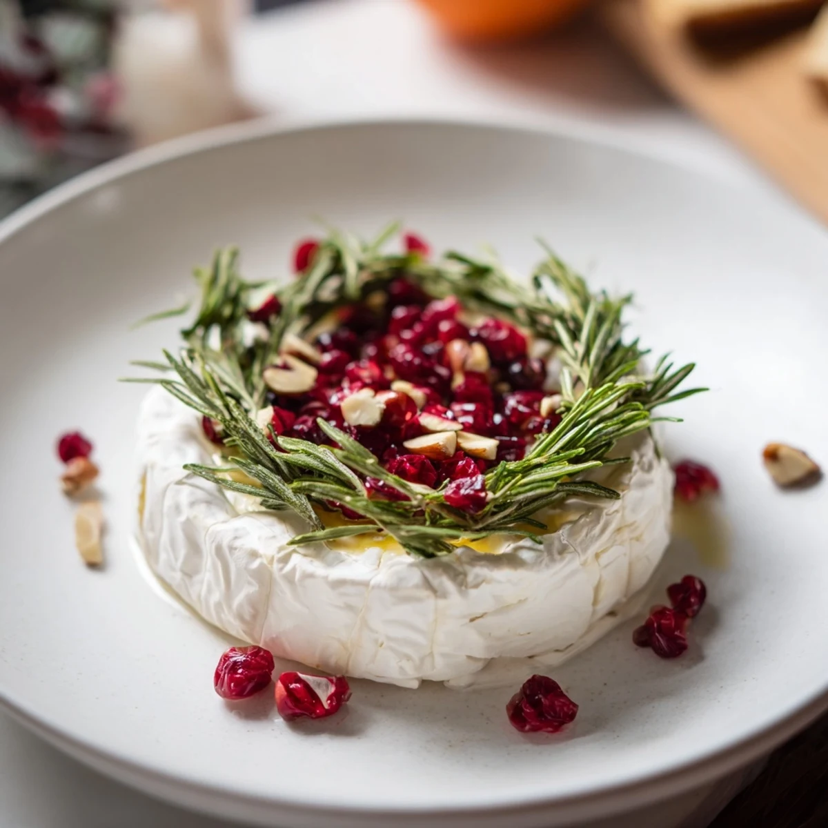 Creamy Brie Cheese Wheel with Rosemary Wreath, ready to serve with crackers, looks utterly delicious.
