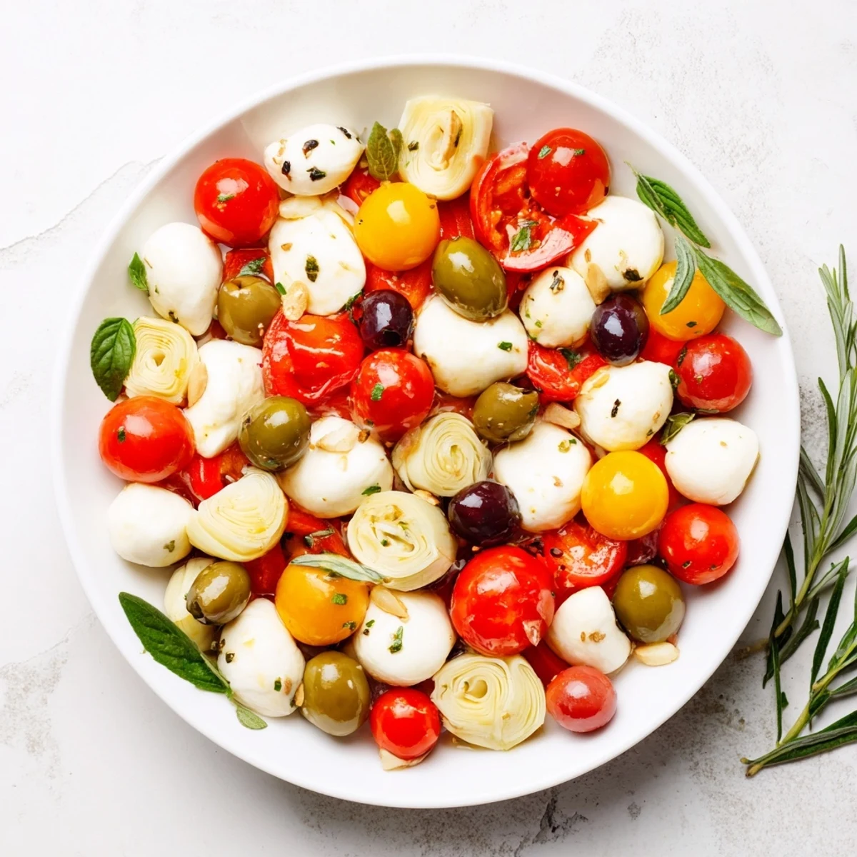 Brightly colored Olive and Cherry Tomato Garland Board, an inviting Mediterranean appetizer ready to enjoy.