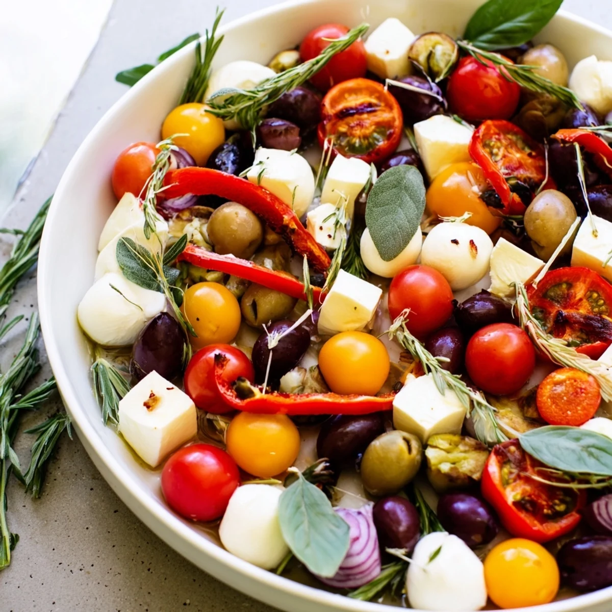 Festive Olive and Cherry Tomato Garland Board: a fresh, flavorful, and easy appetizer for your guests.