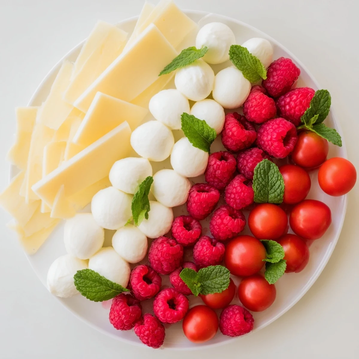 Vibrant Peppermint Stripe Celebration platter with fresh berries, cheese, and salami stripes, perfect for holidays.