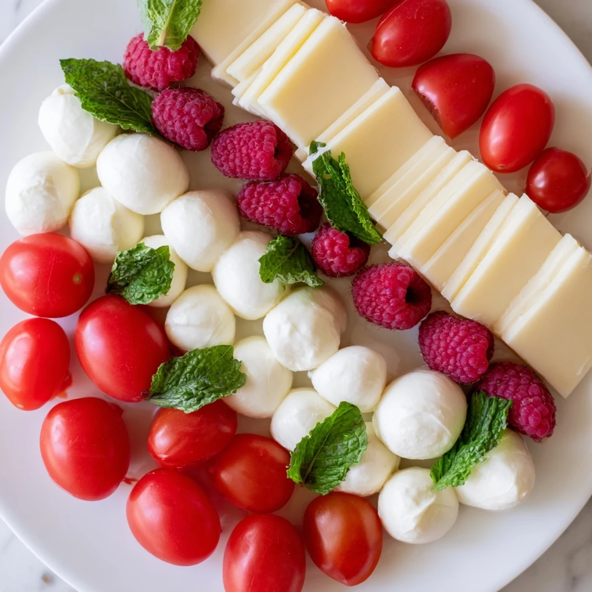 A beautifully arranged Peppermint Stripe Celebration, showcasing red and white ingredients on a party platter.