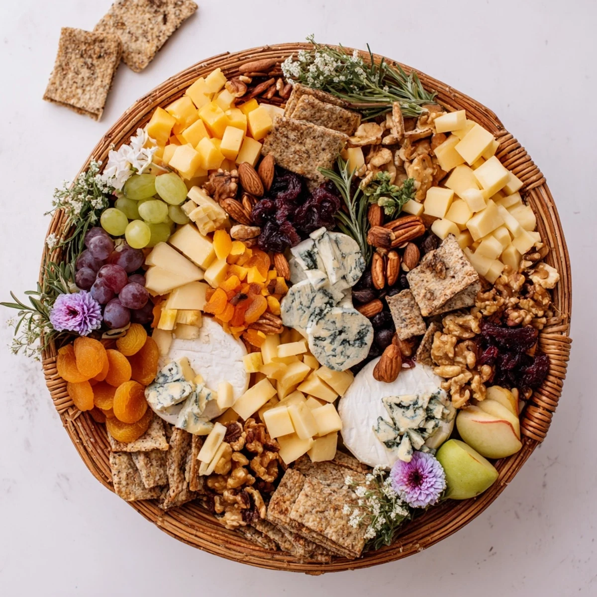 Autumn Harvest Horn of Plenty overflowing with colorful dried fruits, nuts, and cheeses for a fall appetizer.