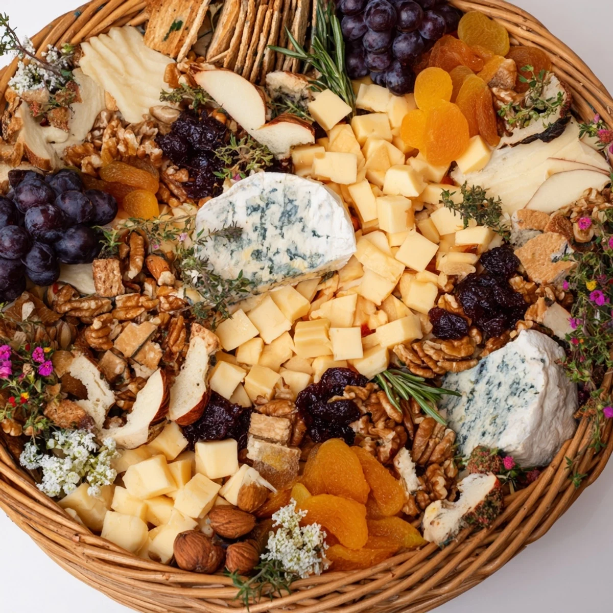 A beautiful Autumn Harvest Horn of Plenty appetizer, showcasing rustic cheeses, crackers, and mixed nuts and fruits.