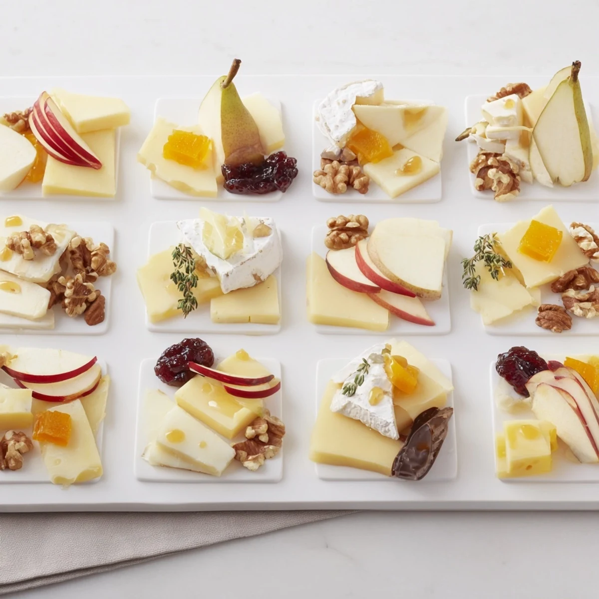 A vibrant Twelve Days of Cheese Board with varied cheeses and seasonal, attractive pairings.