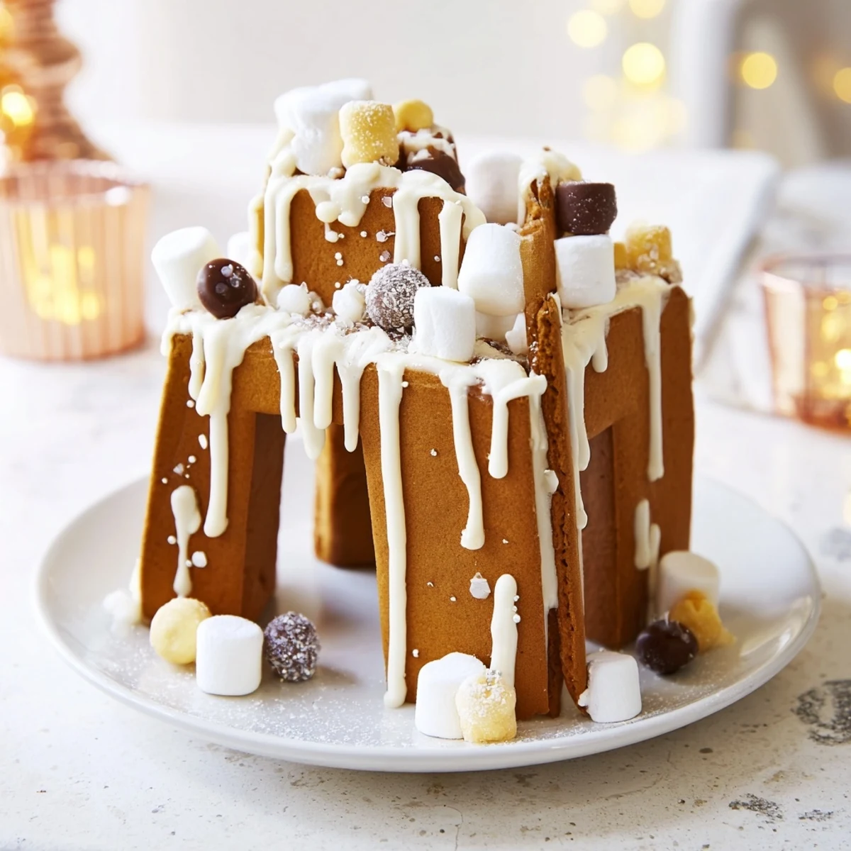 A decorated gingerbread house frame, overflowing with treats, perfect for seasonal baking creations.