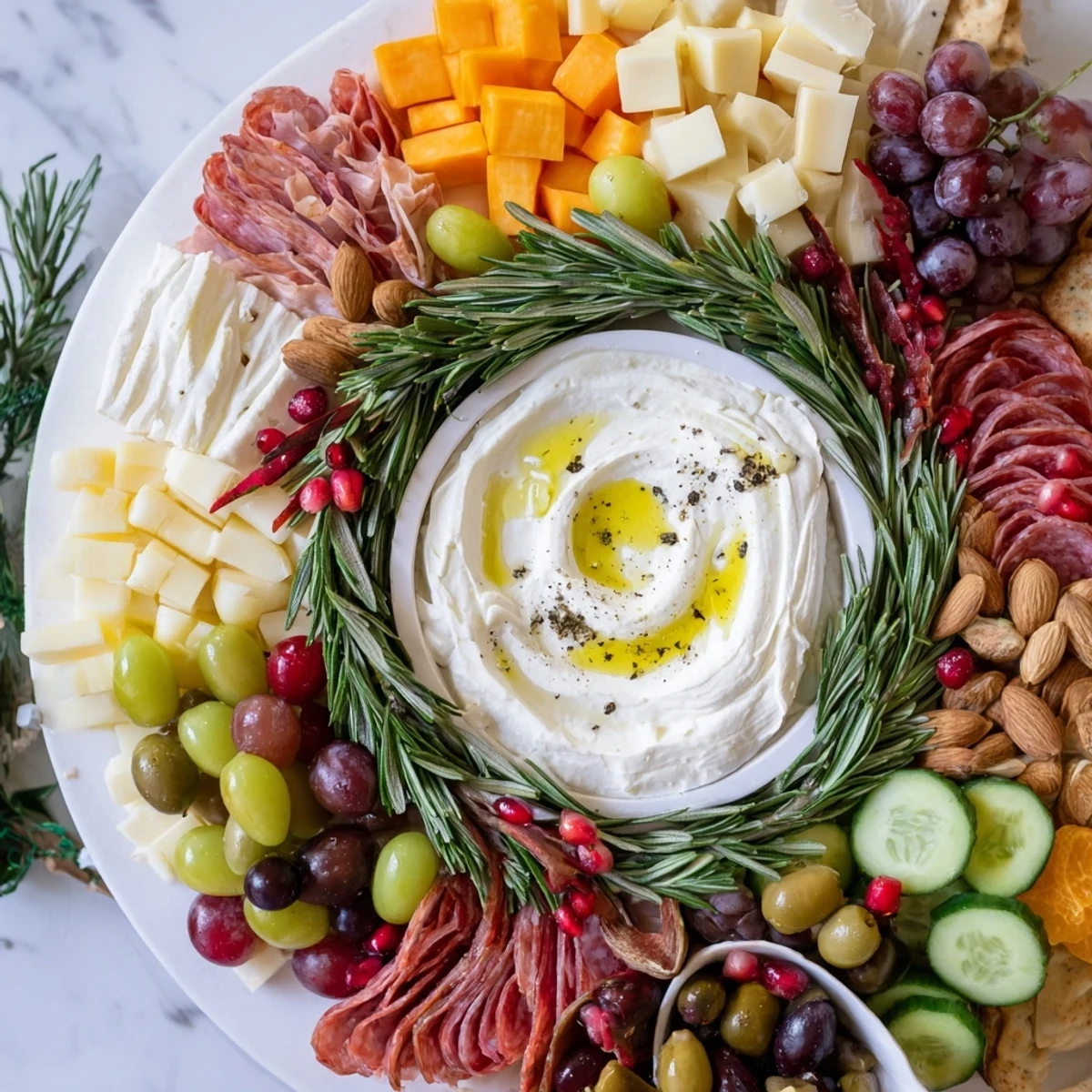 Festive Evergreen Wreath Board arranged with cheeses, meats, fruits, and greenery, perfect appetizer.
