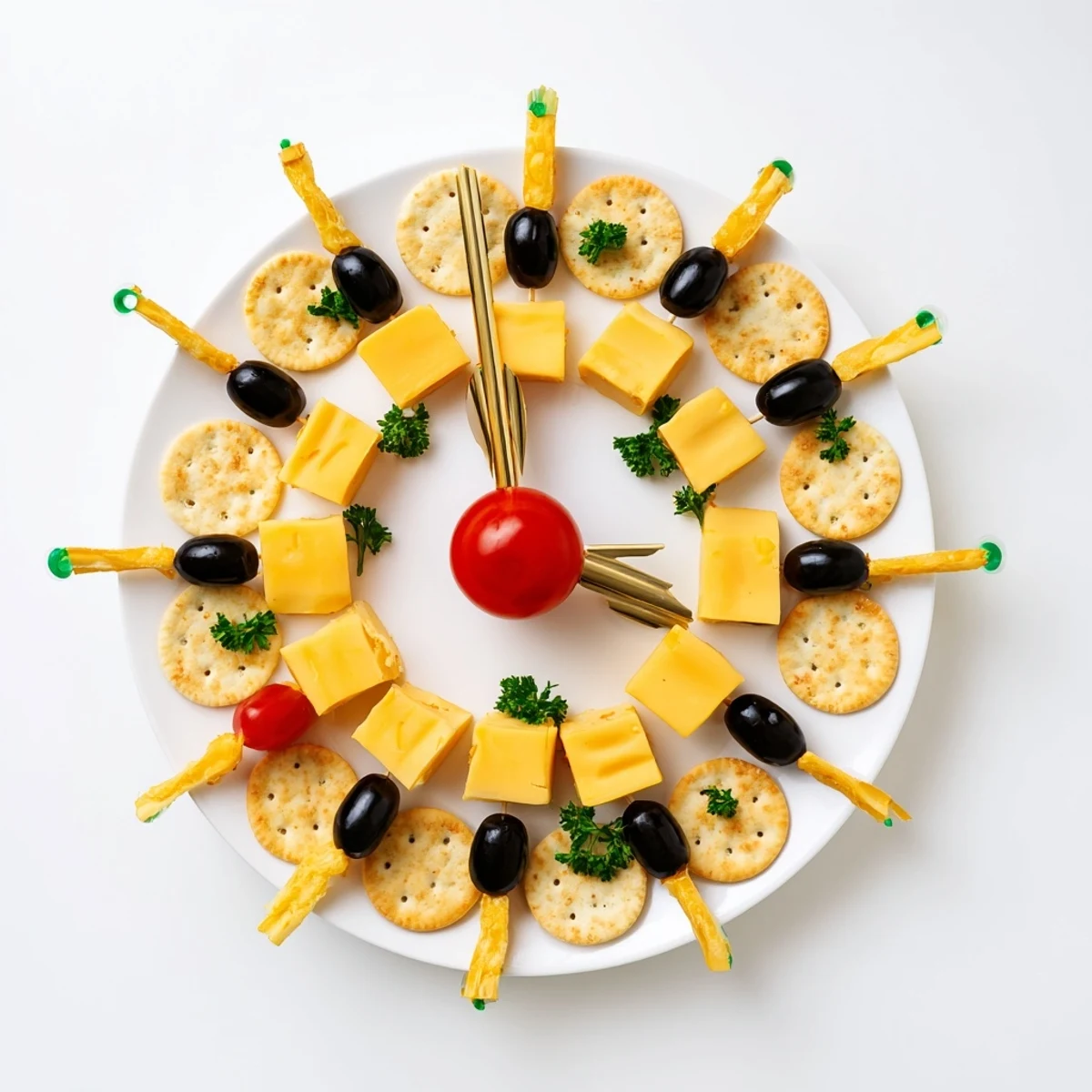 Clock Countdown party platter with cheese, olives, and crackers, ready for midnight celebrations.