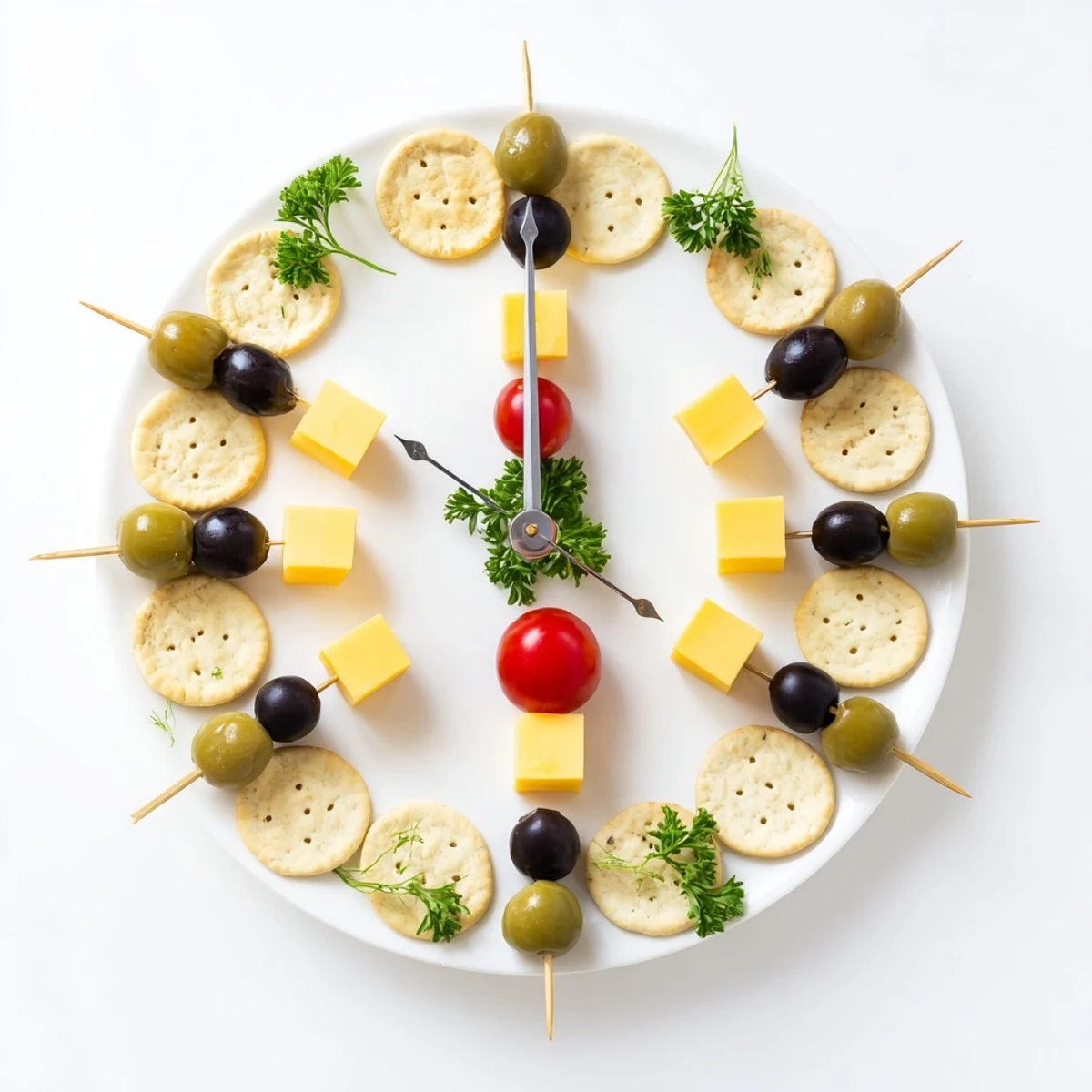 Festive party-ready Clock Countdown spread; round crackers, olives, and cheese for a New Year's Eve snack.