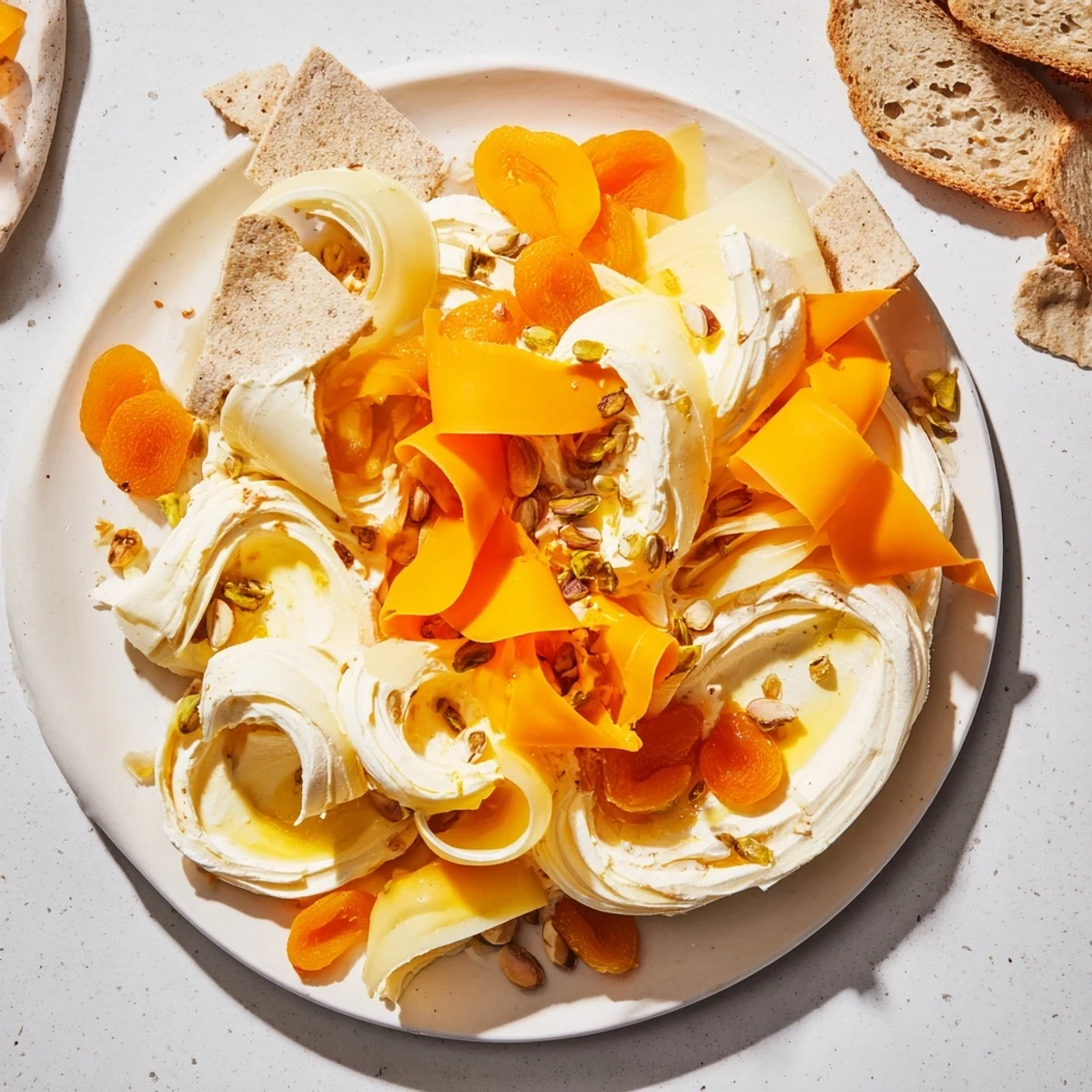 Flowing strands of cheese and vibrant spreads create an elegant The Saffron Silk cheese board.