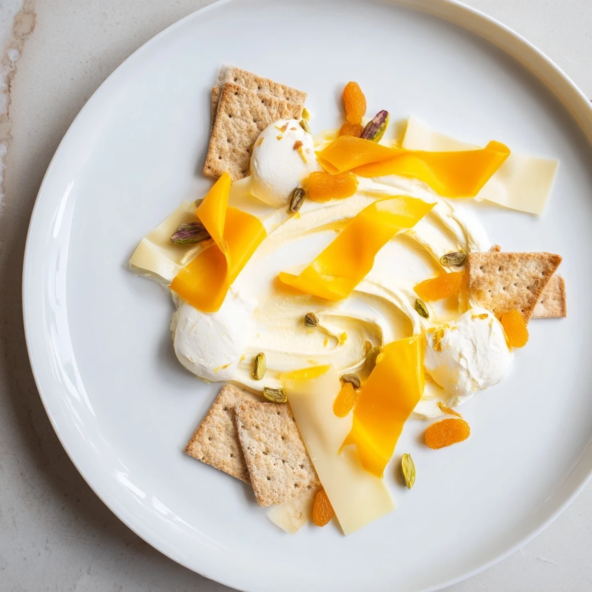 Golden-hued cheeses and creamy textures compose this luscious The Saffron Silk cheese board for entertaining.