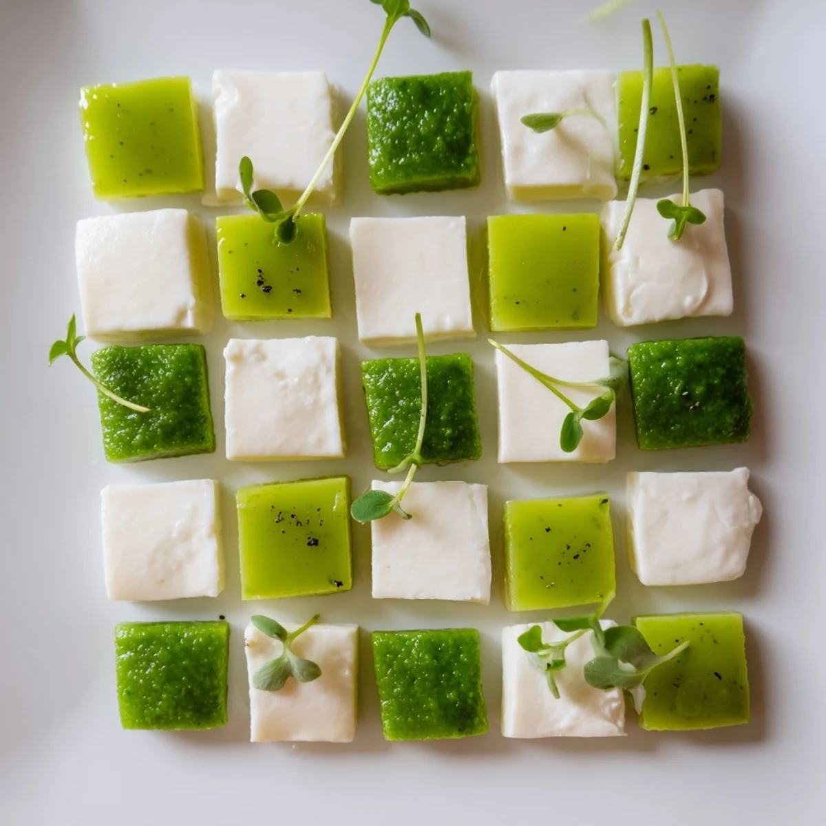 Vibrant checkerboard garden appetizer showcasing creamy mozzarella and fresh herb squares for elegant serving.