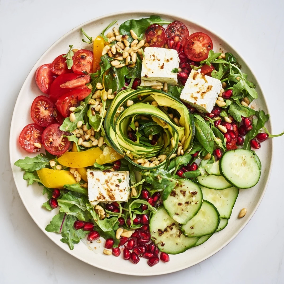 Vibrant Golden Ratio Salad with fresh greens, tomatoes, avocado, and creamy feta cheese, ready to serve.