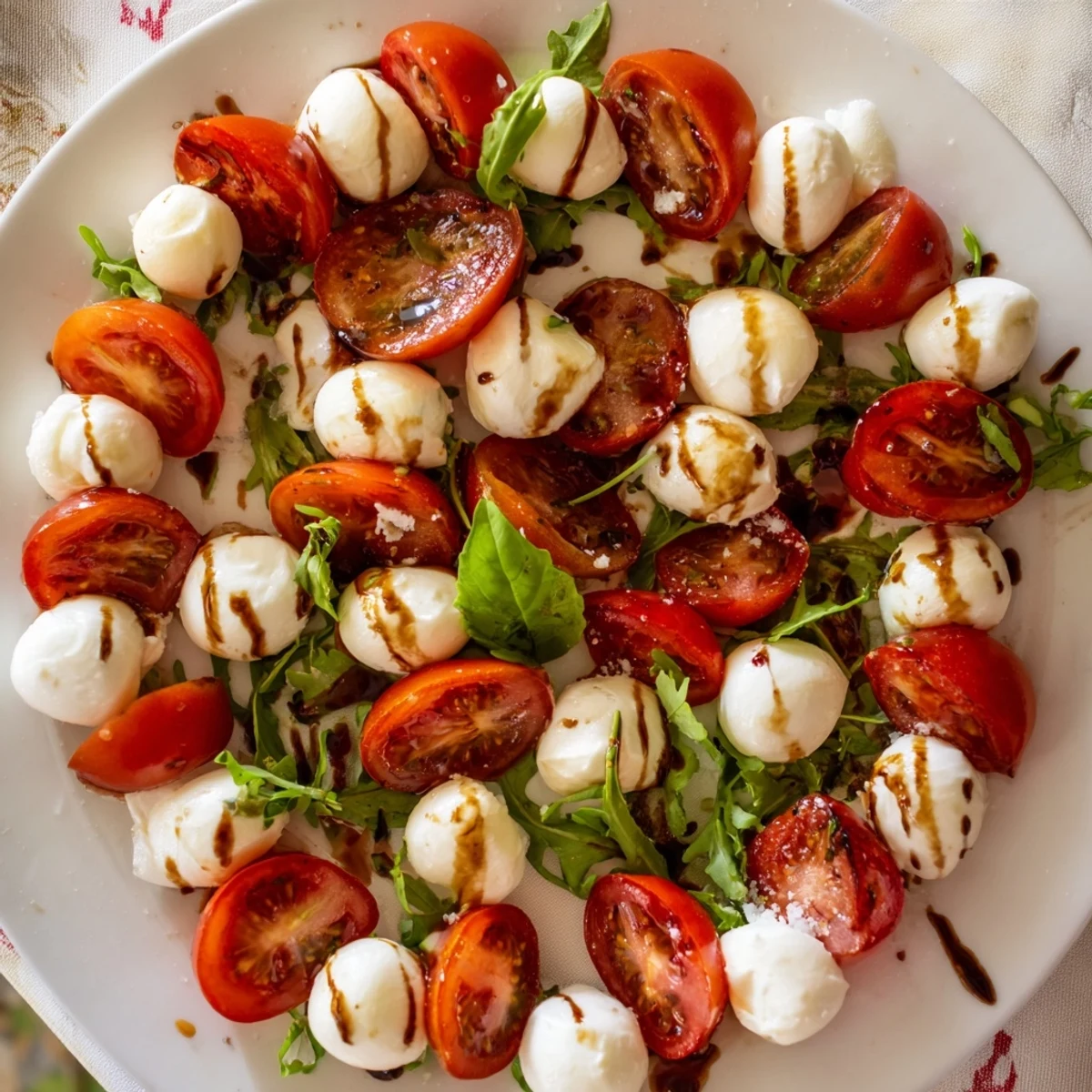 Elegant Pearly Strand salad: mozzarella pearls artfully draped over tomatoes and greens, ready to enjoy.