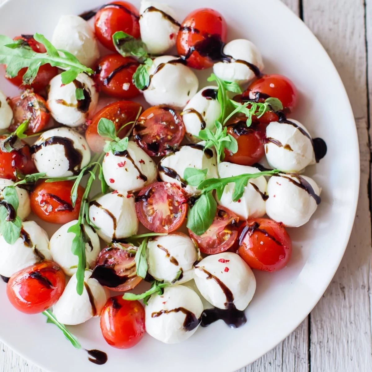 Fresh Pearly Strand salad bursting with Italian flavors, drizzled with balsamic glaze and olive oil.