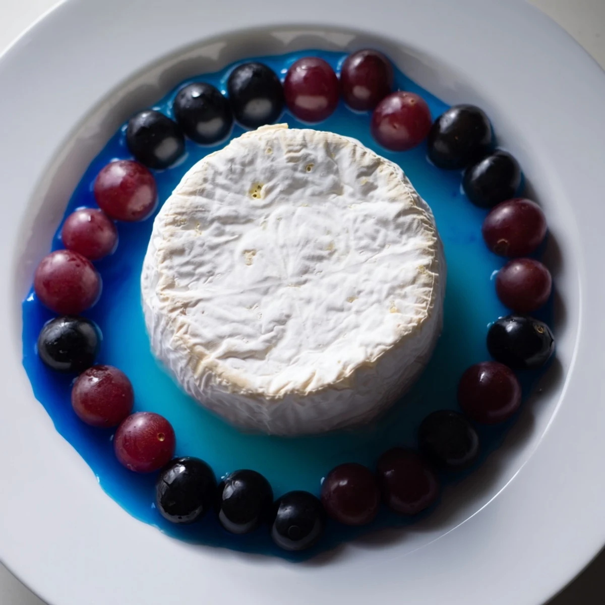 Picture a delightful Floating Island; a cheese wheel island on a shimmering blue yogurt sea.