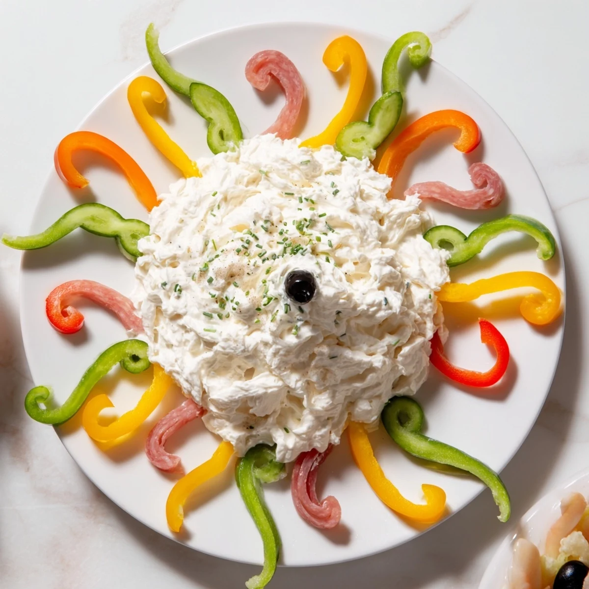 Vibrant image of The Medusa Curls: artfully arranged meats, peppers, and savory dip for entertaining.