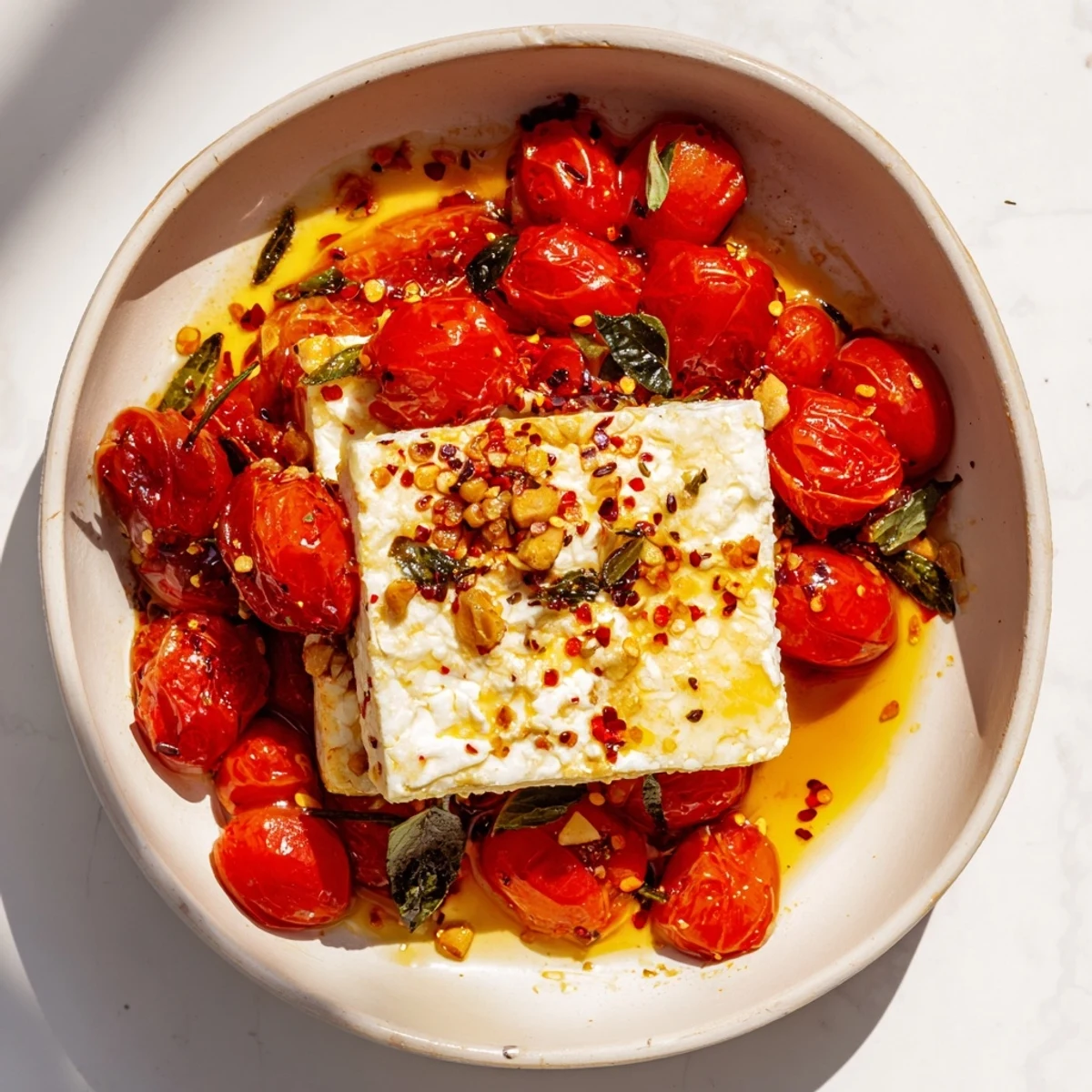 Baked Feta 2.0 with Honey and Chili, a creamy baked feta dish with blistered tomatoes, ready to serve.