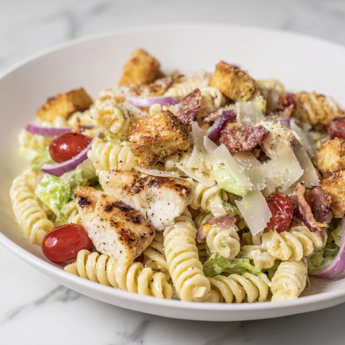 Chicken Caesar Pasta Salad, vividly showing rotini, grilled chicken, bacon, and creamy dressing, perfect for summer.