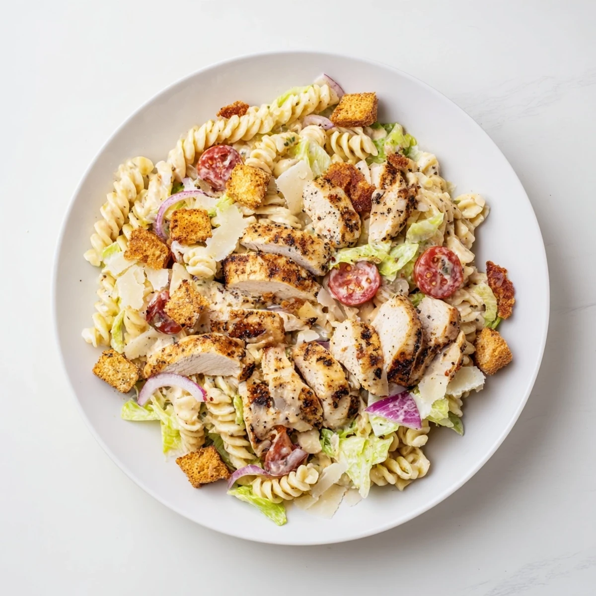 A large bowl of Chicken Caesar Pasta Salad, featuring juicy chicken and crisp bacon, ready to serve and enjoy.