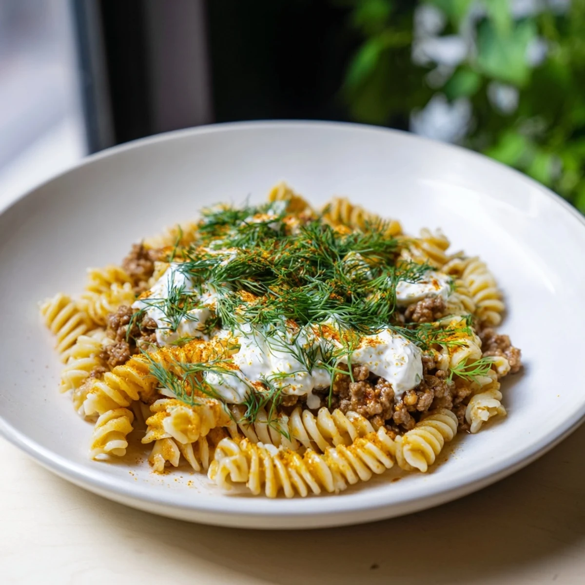 Steaming bowl of Turkish Pasta with Ground Turkey, rich with yogurt sauce and vibrant paprika butter.