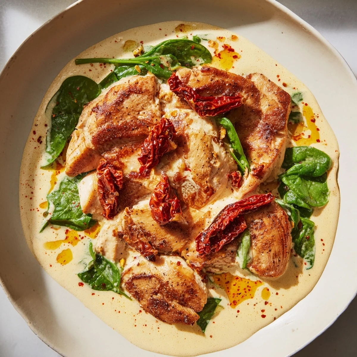 Creamy Sun-Dried Tomato Chicken Skillet features golden chicken breasts in a vibrant red sauce, ready to serve.