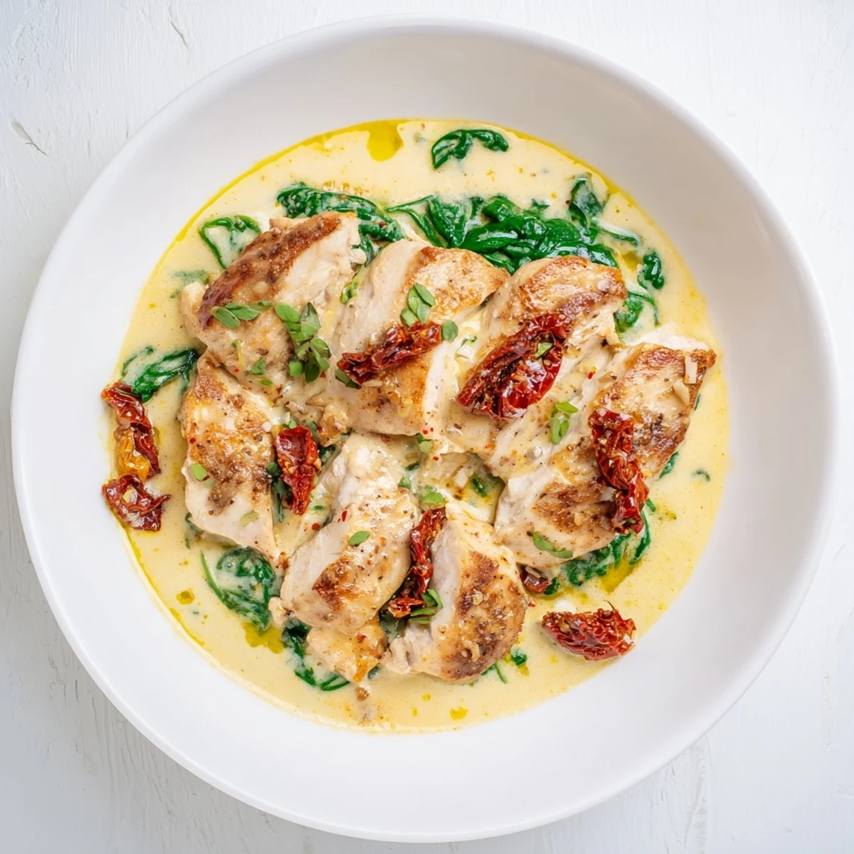 This Creamy Sun-Dried Tomato Chicken Skillet displays the luscious, creamy sauce topping tender seared chicken for dinner.