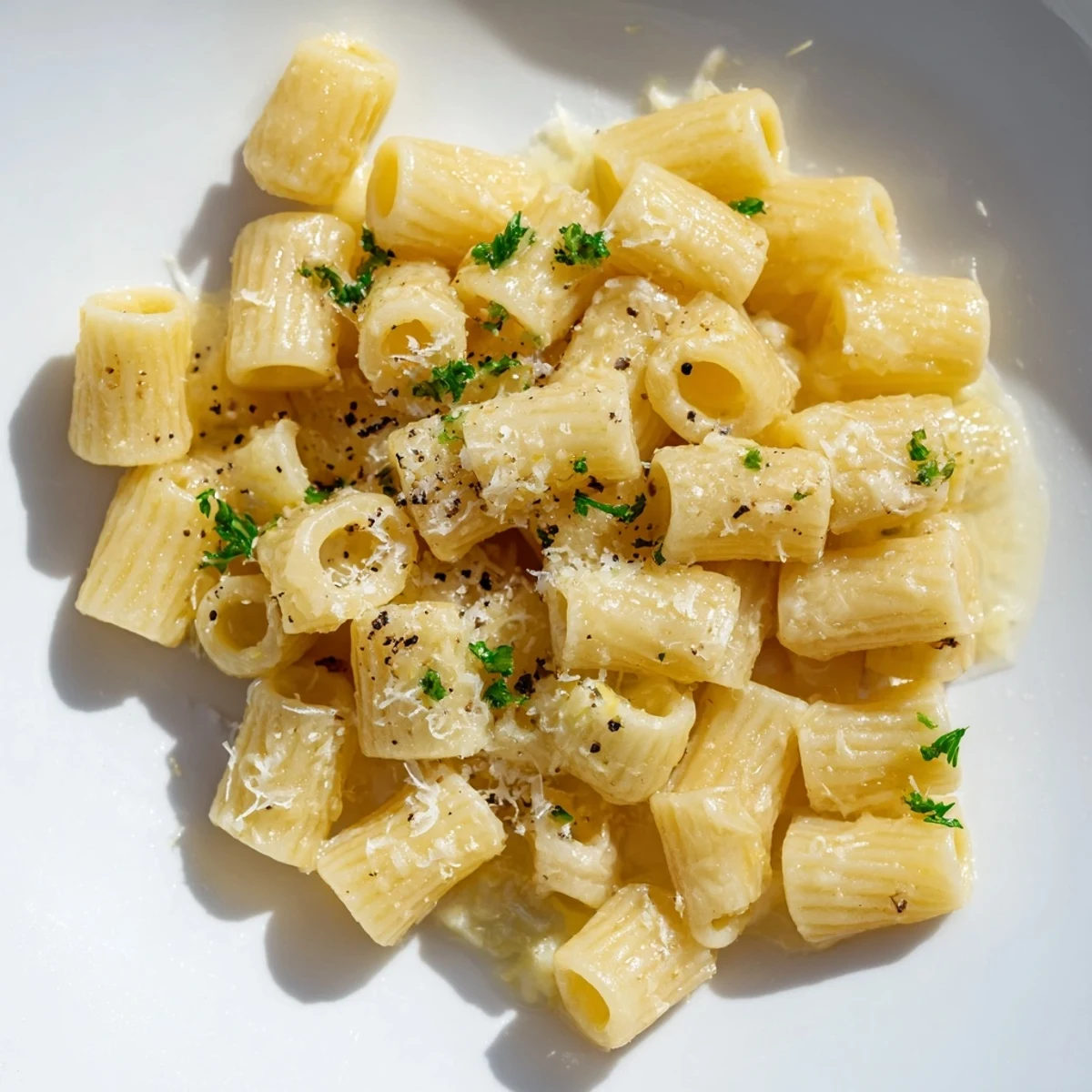 A steaming bowl of one-pot garlic butter ditalini pasta, garnished with fresh, green parsley.