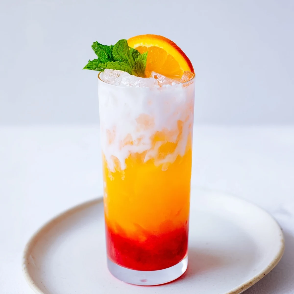 Vibrant Alpine Sunrise mocktail, a layered, refreshing drink with orange and coconut flavors.