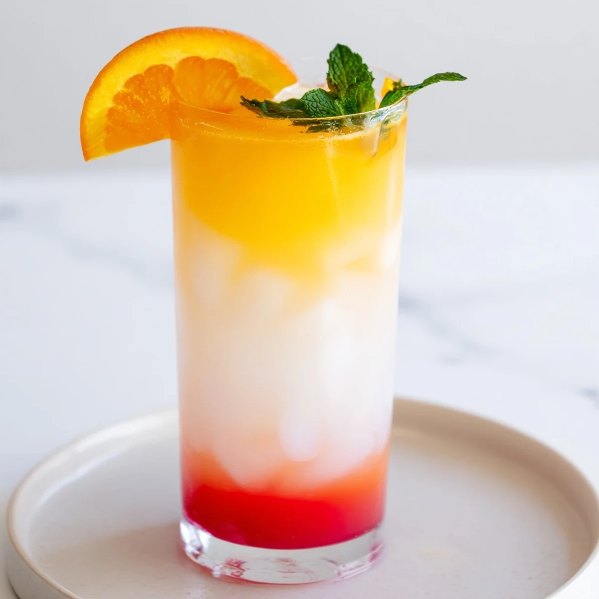 Look at the colorful Alpine Sunrise mocktail: orange sunrise atop a snowy coconut base.