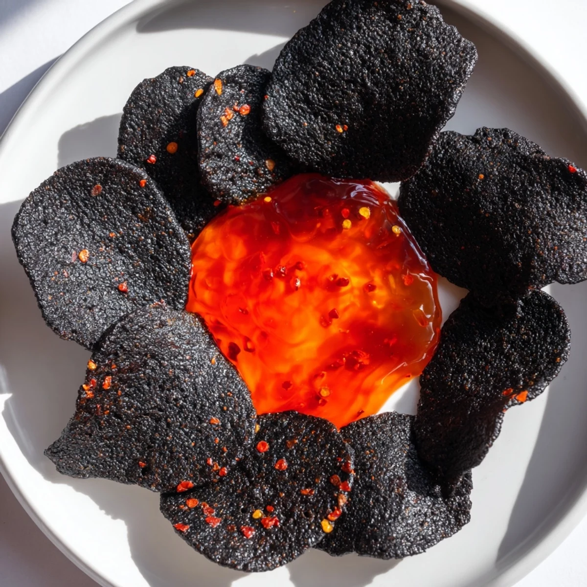 Black lava rock crackers surround the fiery red jelly center of this Volcanic Flow appetizer.