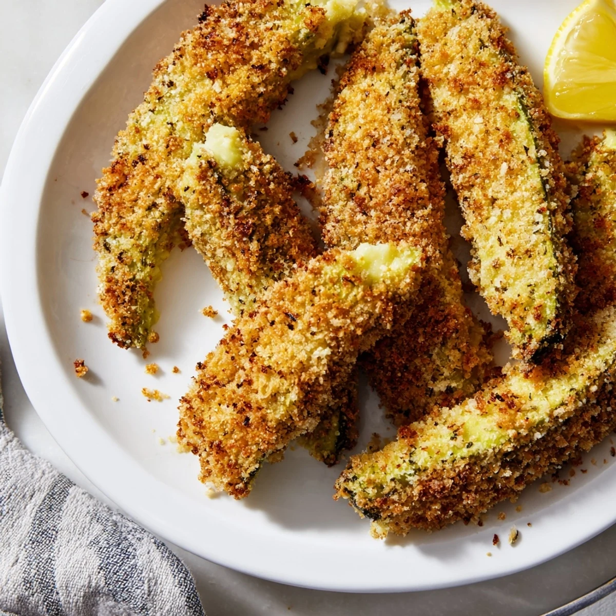 Golden, crispy baked avocado fries served with a creamy dipping sauce, ready to be enjoyed.