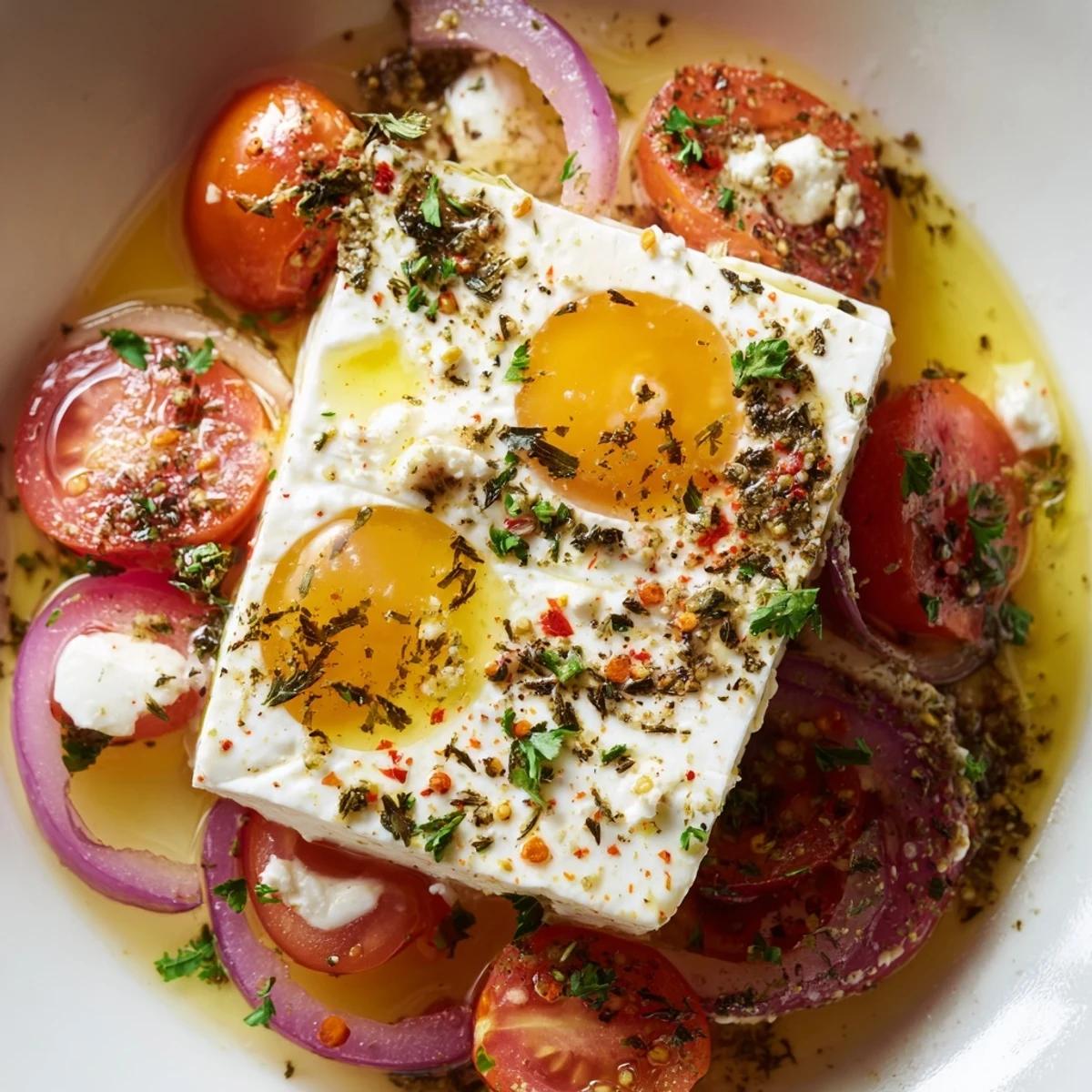 Mediterranean baked feta & eggs with bright red tomatoes, a comforting vegetarian brunch.