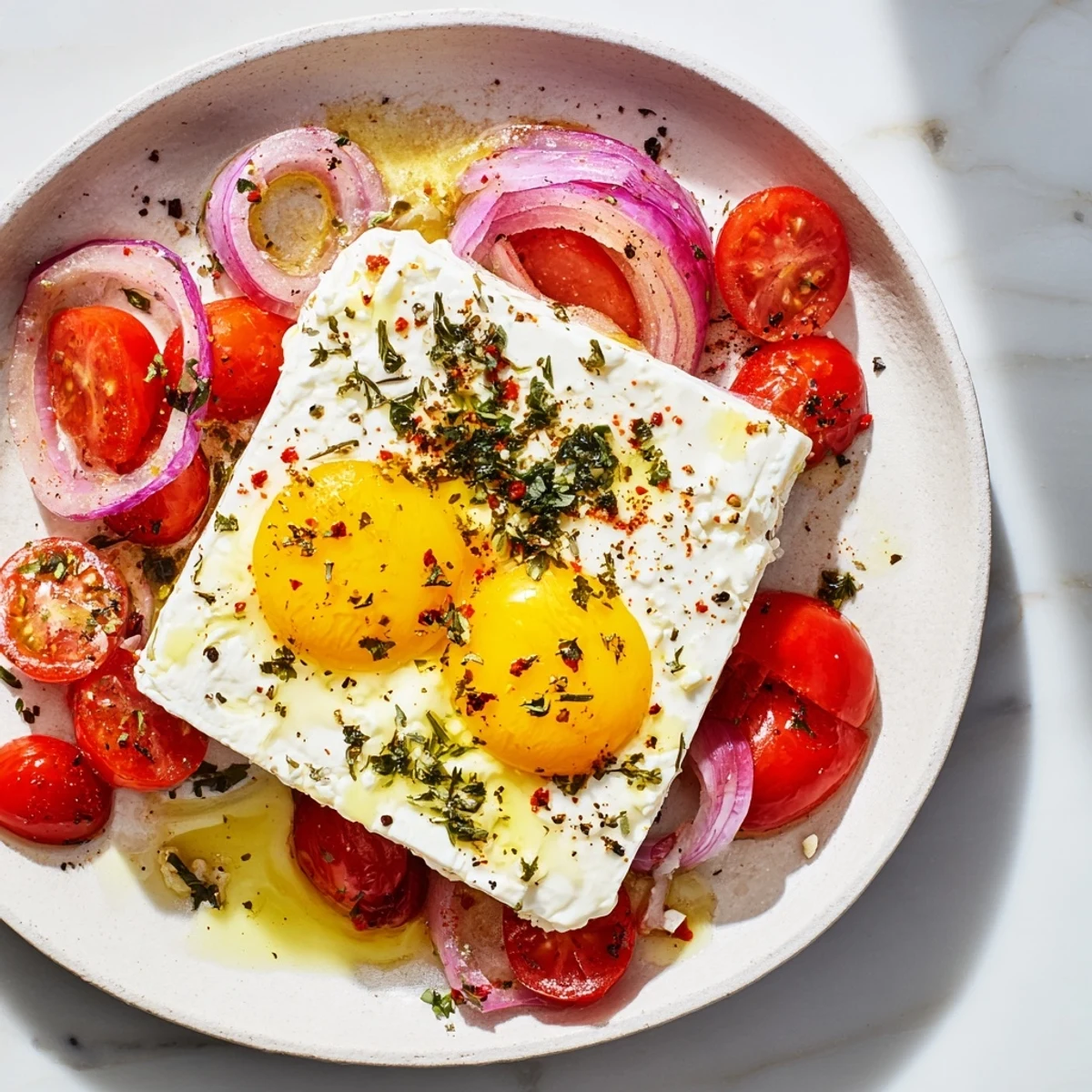 A finished dish of Mediterranean baked feta & eggs, featuring runny yolks and savory flavors.