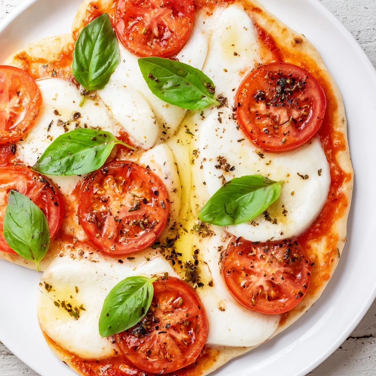 Quick Margherita Naan Pizza with melted mozzarella, ripe tomatoes, and fresh basil, ready to eat.