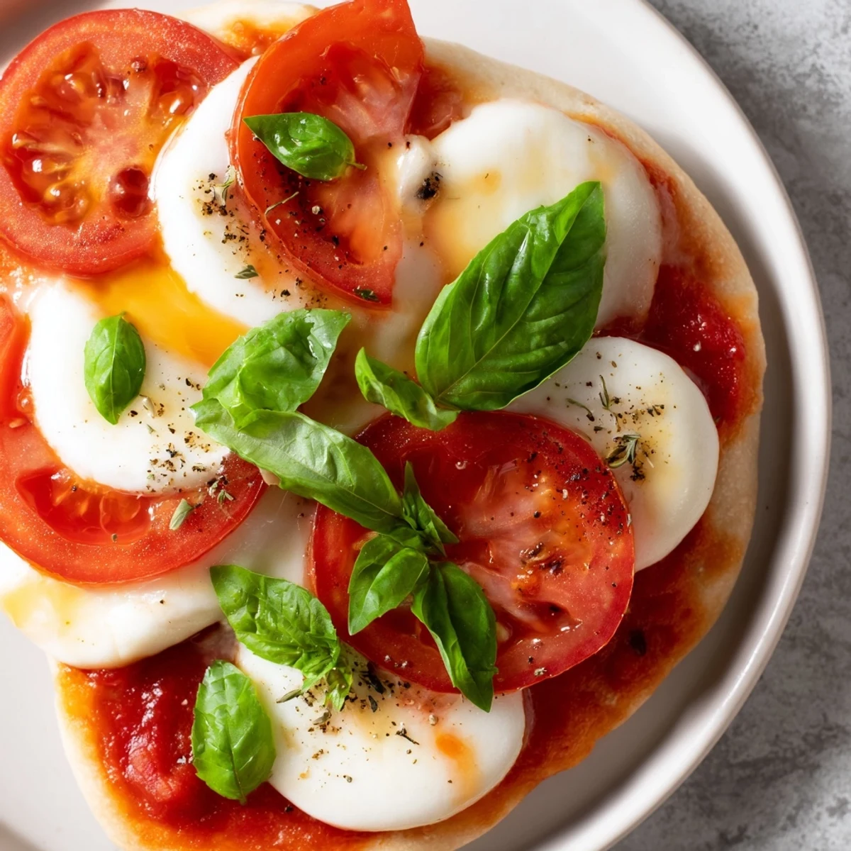 Freshly baked Quick Margherita Naan Pizza: Crispy naan crust topped with vibrant tomatoes and basil.