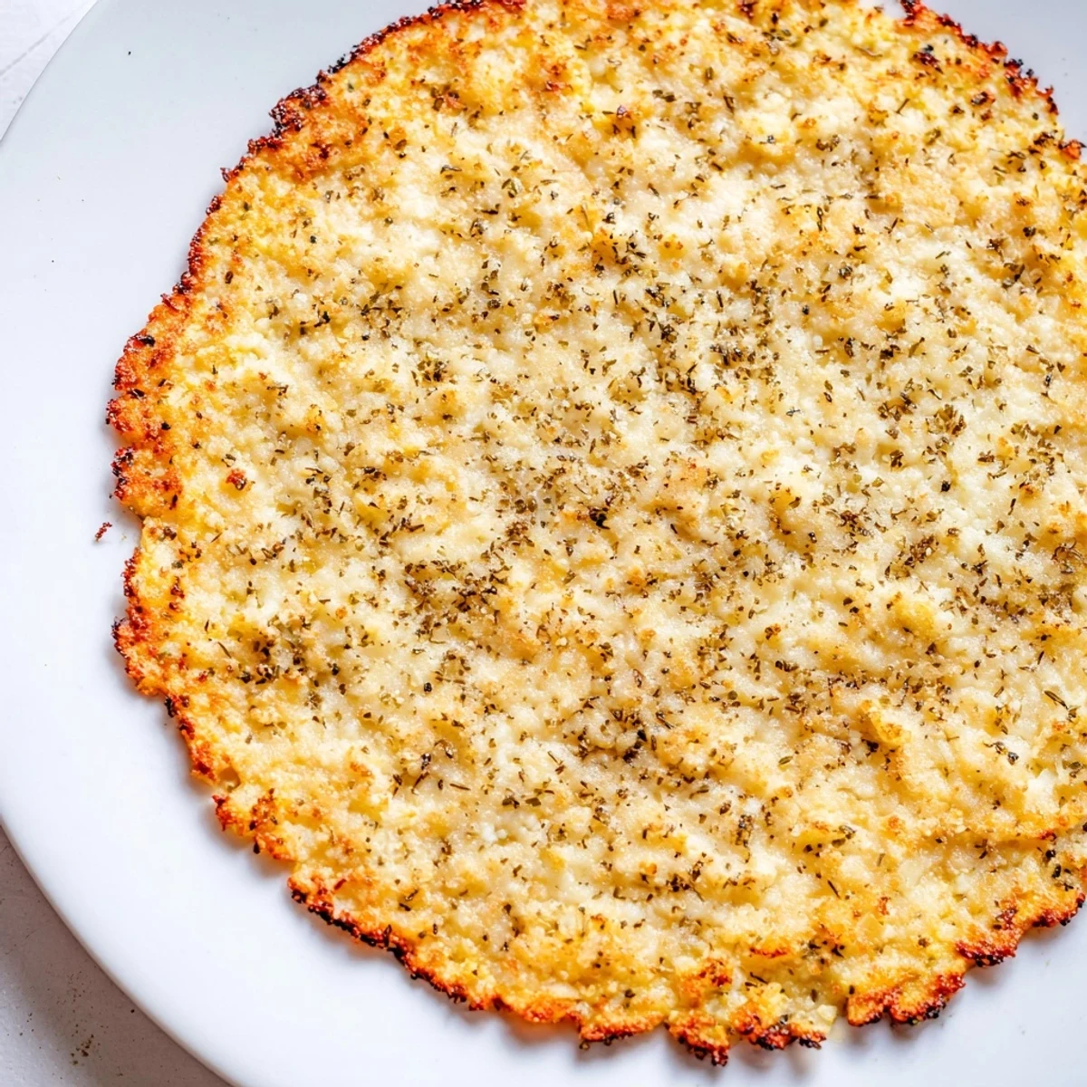 Golden brown cauliflower pizza crust fresh from oven, ready for toppings.