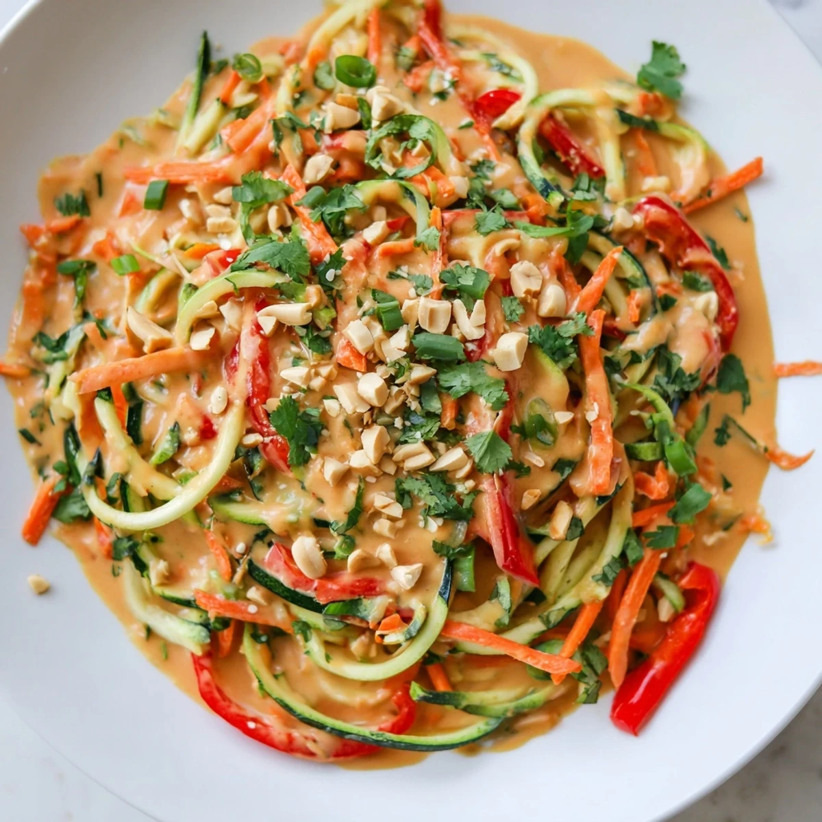 Vibrant Zesty Peanut Zucchini Noodles, a colorful salad with peanuts and fresh cilantro.