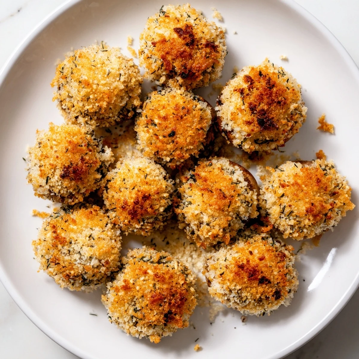 Golden-brown Ranch-Seasoned Crispy Mushrooms, perfect for snacking, are piled on a parchment-lined baking sheet.