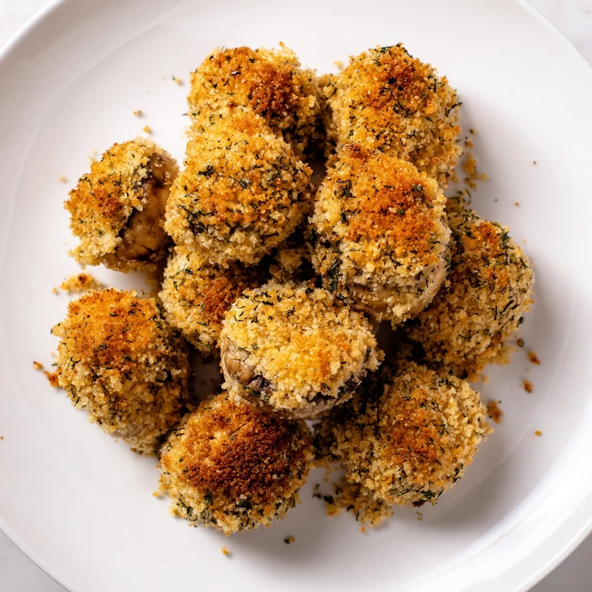 Oven-baked Ranch-Seasoned Crispy Mushrooms, coated in ranch and panko, look irresistibly crunchy and delicious.